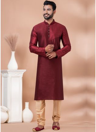 Maroon Men Kurta Churidar In Woven Work