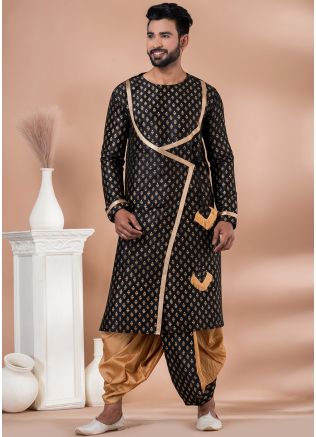 Black Printed Men Dhoti Kurta In Dupion Silk
