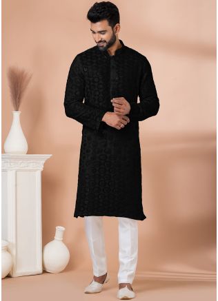Black Embroidered Men Kurta Pajama