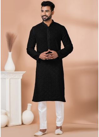 Black Embroidered Men Kurta Pajama