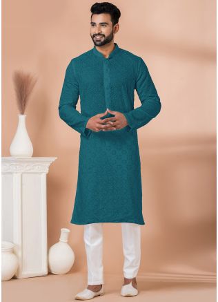 Blue Embroidered Men Kurta Pajama