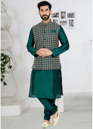 Green Embroidered Kurta Pajama With Nehru Jacket