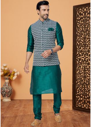 Green Embroidered Kurta Pajama With Nehru Jacket