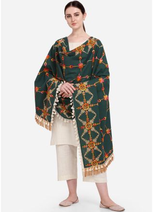 Thread Embroidered Green Dupatta In Cotton