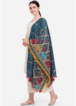 Blue Thread Embroidered Dupatta In Cotton