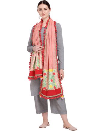 Peach Casual Embroidered Dupatta In Cotton