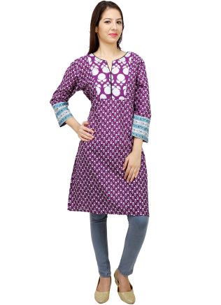 Indian Kurtis: Buy Purple and White Cotton Indian Kurti Online in USA