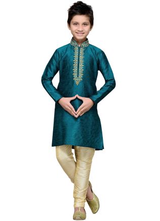 Readymade Deep Teal Art Silk Kids Kurta Pajama