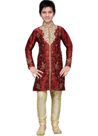 Readymade Maroon Art Silk Kids Kurta Pajama