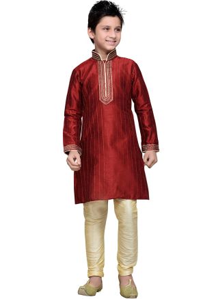 Readymade Maroon Art Silk Kids Kurta Pajama