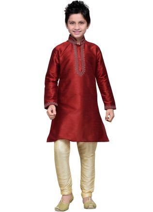 Readymade Maroon Art Silk Kids Kurta Pajama