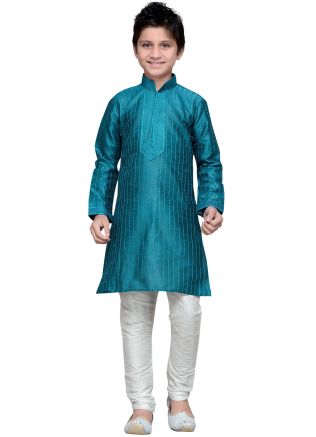 Readymade Teal Blue Art Silk Kids Kurta Pajama