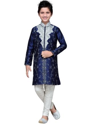 Readymade Navy Blue Art Silk Kids Kurta Pajama