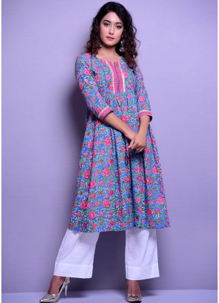 Blue Readymade Floral Printed Cotton Kurta Set