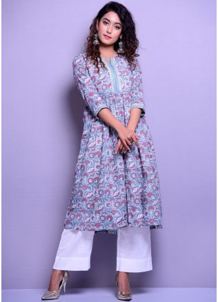 Pastel Blue Readymade Printed Cotton Kurta Set