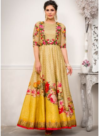 Buy Yellow Digital Printed Art Silk Indian Gowns Online For Wedding