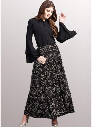 Black Crepe Readymade Shirt With Skirt