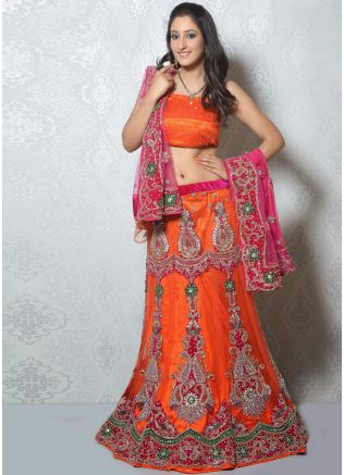 Orange Net Lehenga Choli With Dupatta