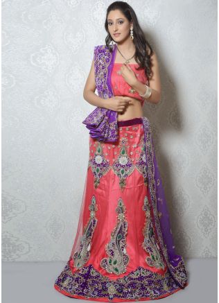 Peach Net Lehenga Choli With Dupatta