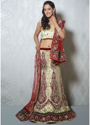 Cream Net Lehenga Choli With Dupatta