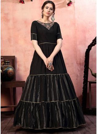 Black Silk Embroidered Tiered Style Gown 