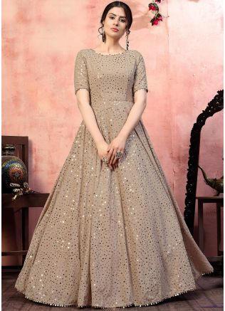 Beige Georgette Gown In Foil Mirror Work