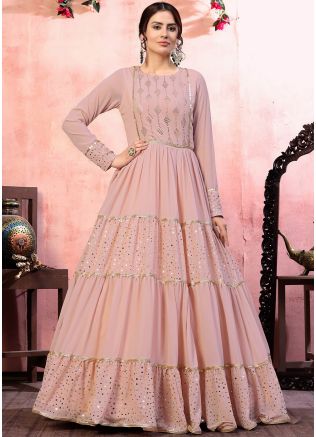 Pink Georgette Embroidered Tiered Style Gown 