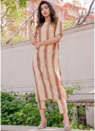 Readymade Cream Printed Kurta With Pant