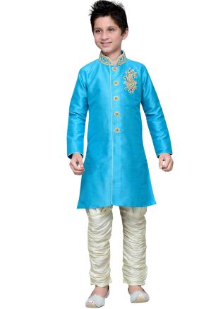 Readymade Turquoise Art Silk Kids Kurta Pajama