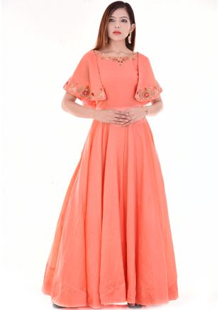 Orange Readymade Chanderi Cape Style Gown