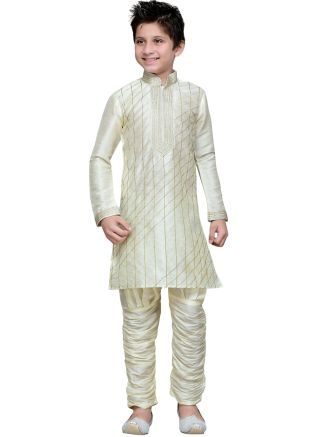 Readymade Cream Art Silk Kids Kurta Pajama