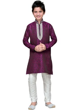 Readymade Purple Brocade Kids Kurta Pajama