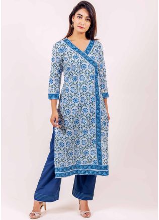 Readymade Block Printed Blue Kurta Pant Set