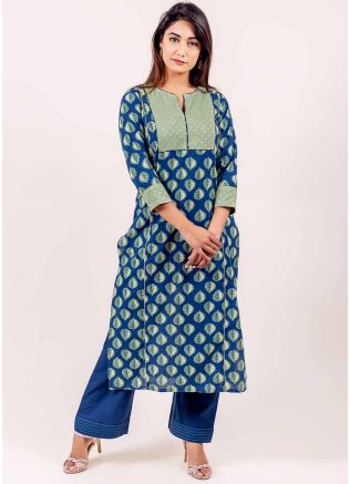 Readymade Blue Block Printed Top Bottom Set