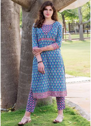 Readymade Blue Block Printed Kurta Pant Set