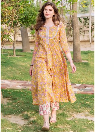 Indo Western Dresses - Buy Yellow Floral Block Printed Long Indian Kurta Set Online