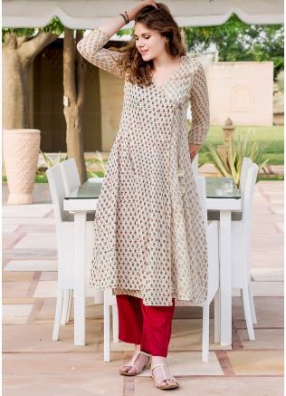 Cream Block Print Angrakha Style Kurta Set