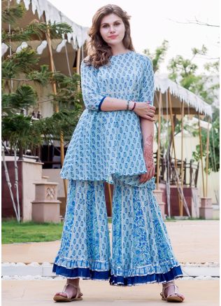 Blue Readymade Block Print Sharara Kurti Set