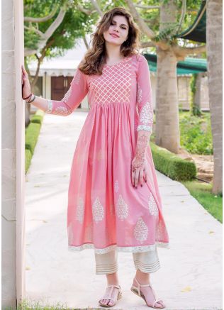 Pink Readymade Block Printed Kurta Pant Set