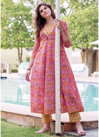 Pink Floral Readymade Block Print Kurta Set