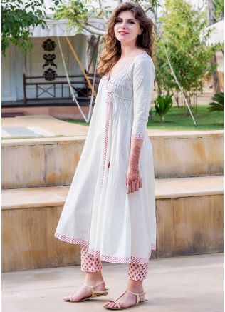 Angrakha Style Printed Kurta Set In White