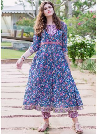 Readymade Block Print Floral Blue Kurta Set