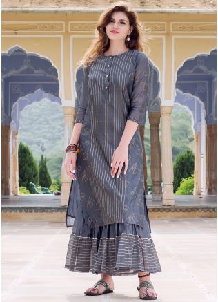 Grey Floral Block Printed Kurta Sharara Set