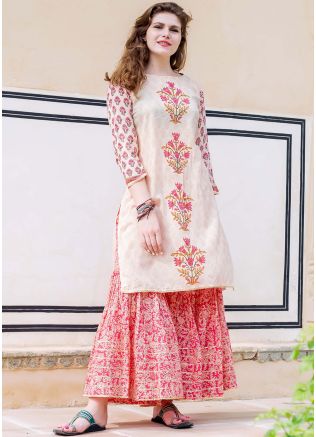 Cream Floral Block Printed Sharara Kurta Set