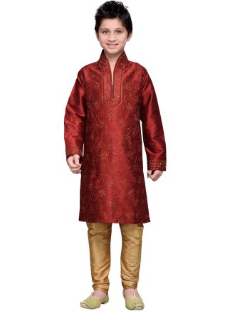 Readymade Maroon Art Silk Kids Kurta Pajama