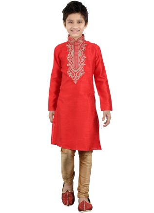 Readymade Red Art Silk Kids Kurta Pajama