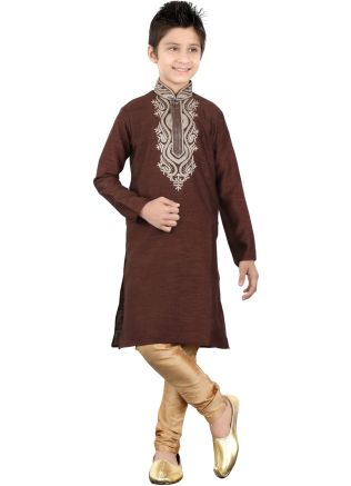 Readymade Brown Art Silk Kids Kurta Pajama