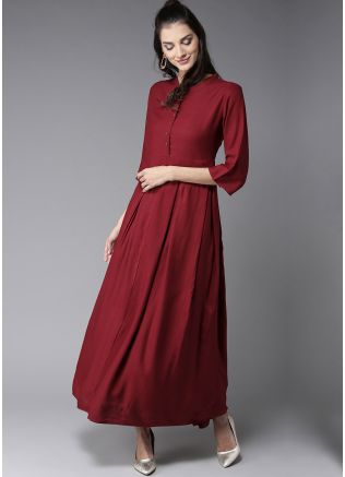 Readymade Rayon Flared Kurta Set In Maroon