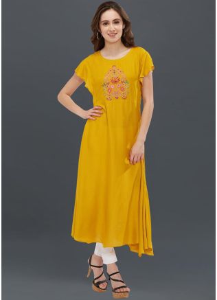 Yellow Asymmetric Rayon Readymade Kurta Set