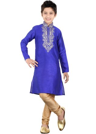 Readymade Royal Blue Art Silk Kids Kurta Pajama